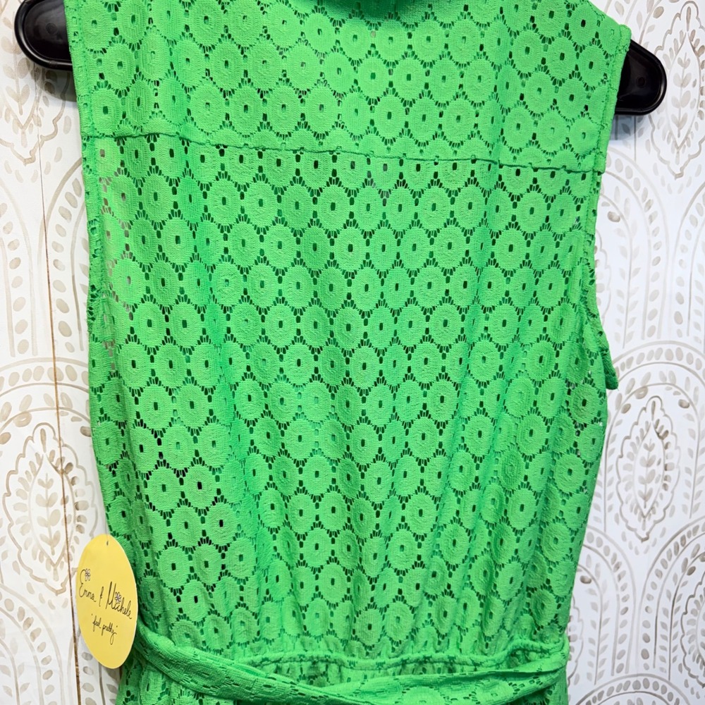 Emma & Michele Shirt Dress Womens 12P Green Eyelet Lace‎ Sleeveless Belted - Picture 6 of 7